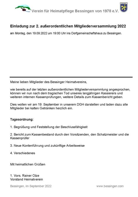 Einladung Ao Mitgliederversammlung Heimatverein Bessingen