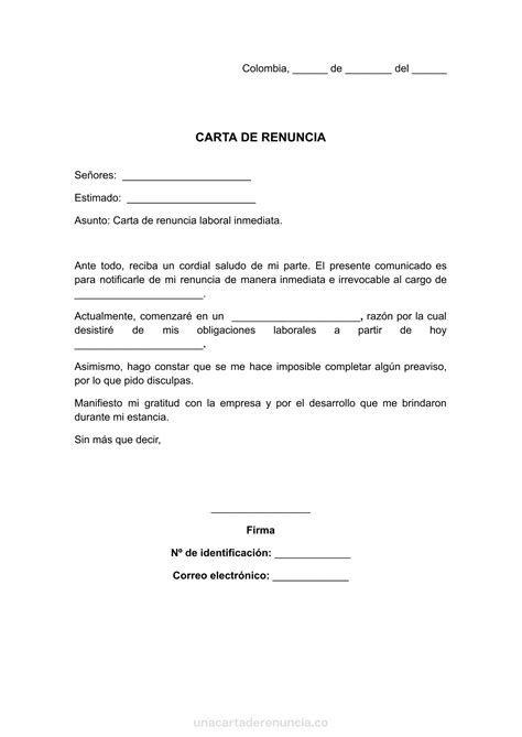 Carta De Renuncia Laboral Inmediata Plantillas