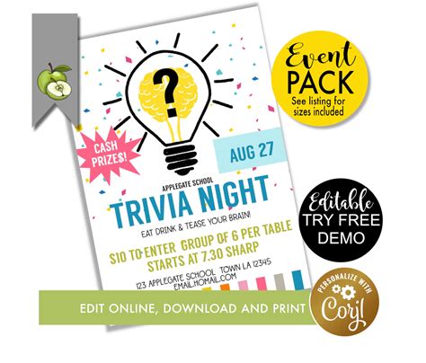 Trivia Event Editable Trivia Night Printable Pta Pto Flyer Etsy Australia