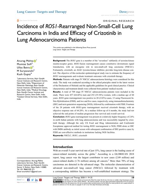 Pdf Incidence Of Ros1 Rearranged Non Small Cell Lung Carcinoma In