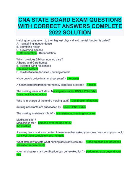 Solution Cna State Board Exam Questions With Correct Answers Complete