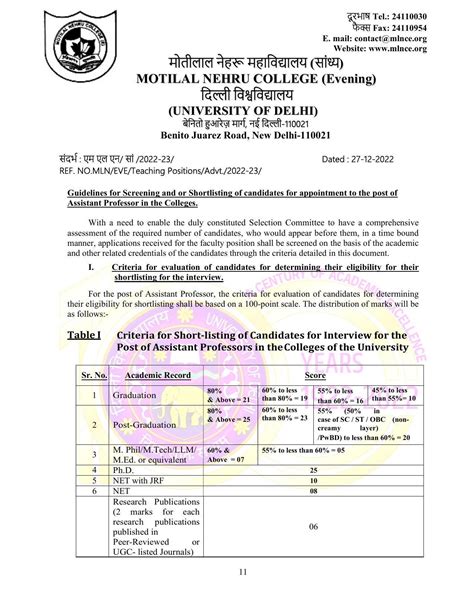 Motilal Nehru College Evening Invites Application For 75 Assistant