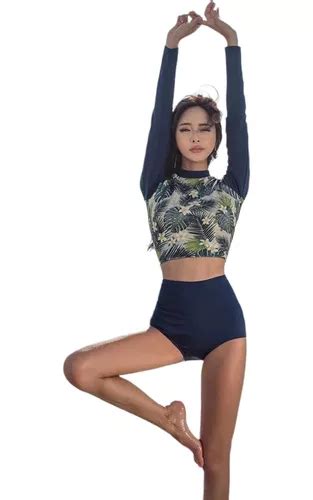 Traje De Ba O Bikini Crop Top Manga Larga Tiro Alto Env O Gratis