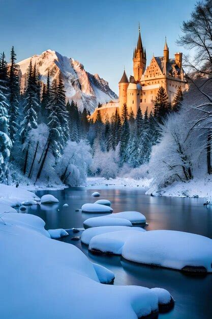 Tranquilo Paisaje Invernal Con Hielo Congelado Y Un Hermoso Castillo