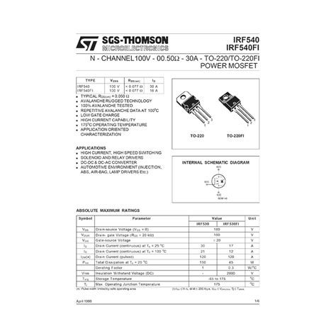 IRF540 ST N Channel 100V 30A Power MOSFET Datasheet