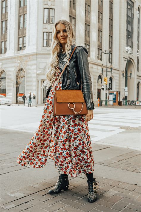 Fall Autumn Outfit Floral Maxi Dress Leather Jacket Chloe Boots Chloe