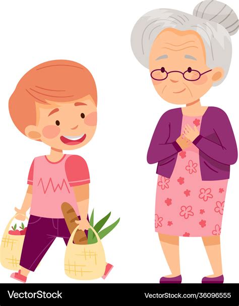 Polite Boy Carrying Shopping Bag Helping Senior Vector Image