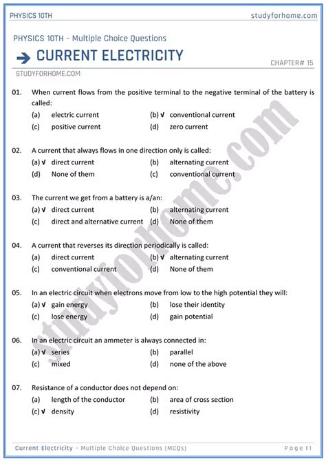 Current Electricity MCQs Physics 10th