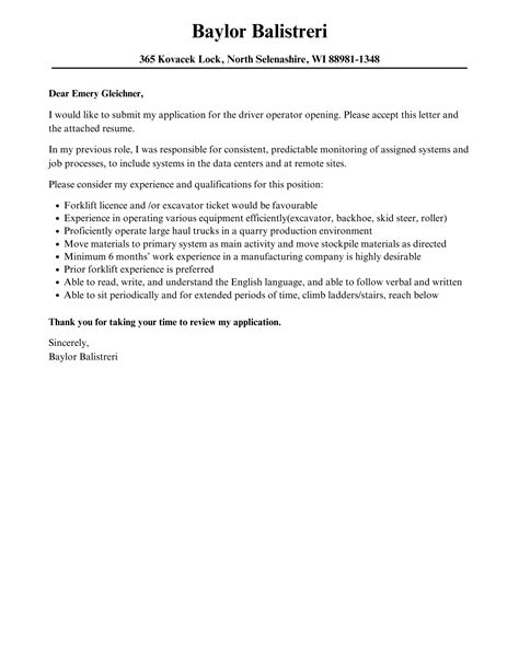 Driver Operator Cover Letter Velvet Jobs