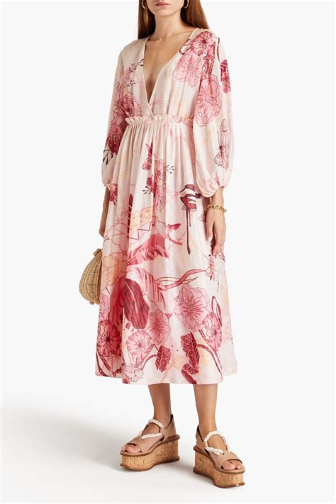 LEO LIN Pleated Floral Print Linen And Silk Blend Midi Dress THE OUTNET