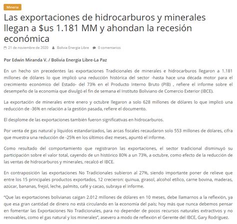 Bolivia Energ A Libre Las Exportaciones De Hidrocarburos Y Minerales