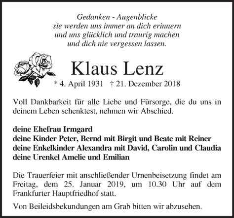 Traueranzeigen Von Klaus Lenz M Rkische Onlinezeitung Trauerportal