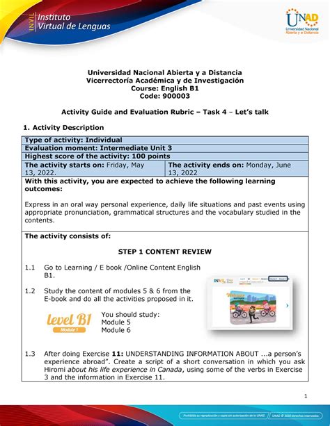 Activities Guide And Evaluation Rubric Unit Task Lets Talk