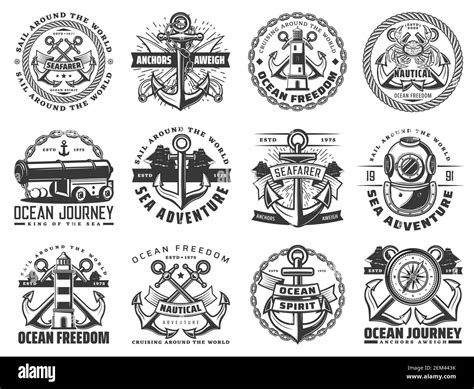 Sea Travel Ship And Nautical Anchor Vector Icons With Sail Boat Ropes