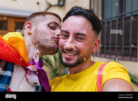 Joyful Gay Friends Capture Love Friendship And Pride In A Colorful Selfie At Their Doorstep