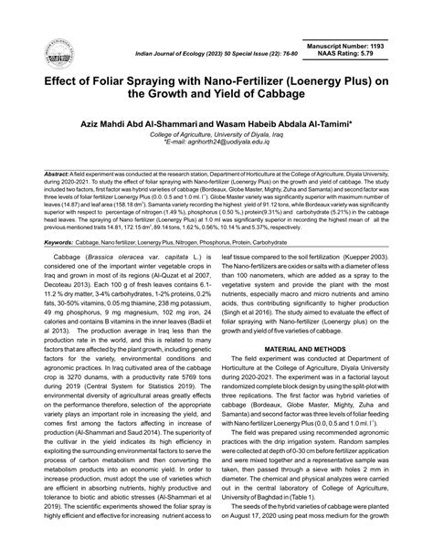 Pdf Effect Of Foliar Spraying With Nano Fertilizer Loenergy Plus On