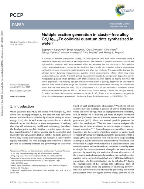 PDF Multiple Exciton Generation In Cluster Free Alloy CdxHg1 XTe