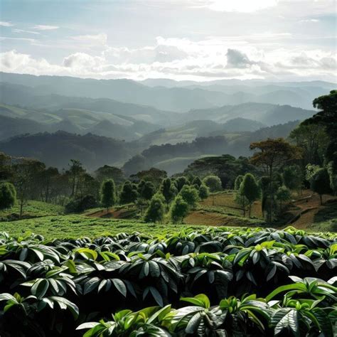 Vista de una plantación de café con plantas de café en primer plano