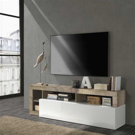 Tousmesmeubles Meuble Tv Abattant Niches Blanc Laqu Brillant