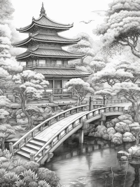 Premium AI Image | a drawing of a japanese pagoda with a bridge over a ...