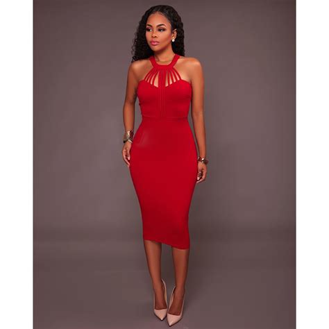 Womens Sexy Red Halter Neck High Waist Strappy Bandage Bodycon Midi