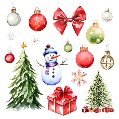 Premium Vector Merry Christmas Watercolor Set Of Traditional Decor