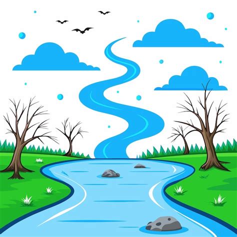 Premium Vector A Serene Landscape Featuring A Winding River Trees And