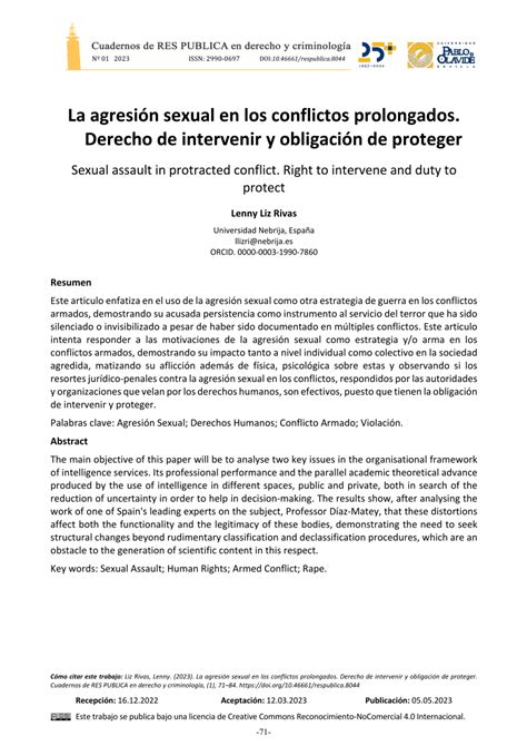 Pdf Agresión Sexual En Los Conflictos Prolongados Derecho De Intervenir Y Obligación De Proteger