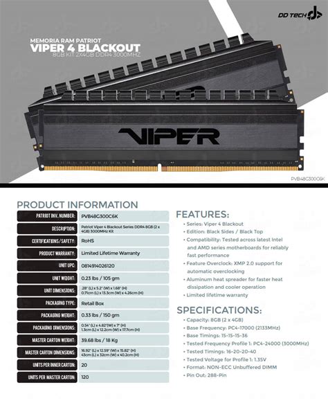 Memoria RAM DDR4 8GB 3000MHz Kit 2x4GB Patriot Viper 4 Blackout