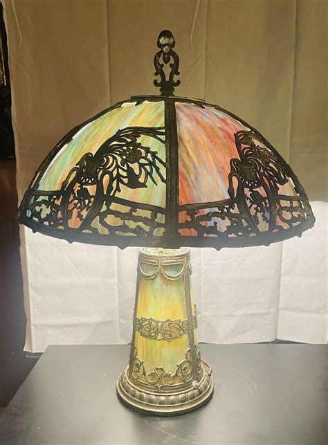 Antique Chicago Glass Panel Mosaic Slag Lamp With 2 Top Lights And Base