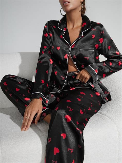 Lapel Neck Heart Print Patched Pocket Contrast Binding Satin Pj Set