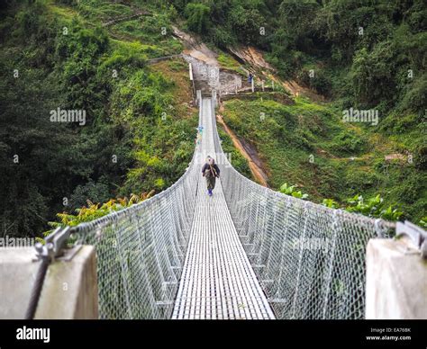 Rope Hanging Suspension Bridge In Nepal Stock Photo Alamy