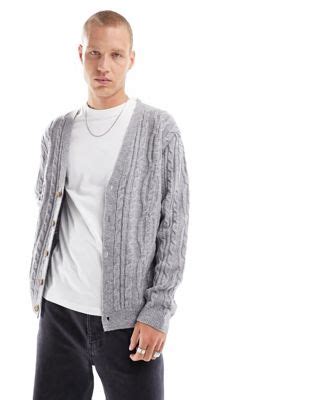 ASOS DESIGN Heavyweight Cable Knit Cardigan In Gray ASOS