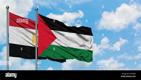 Egypt and Palestine flag waving in the wind against white cloudy blue ...