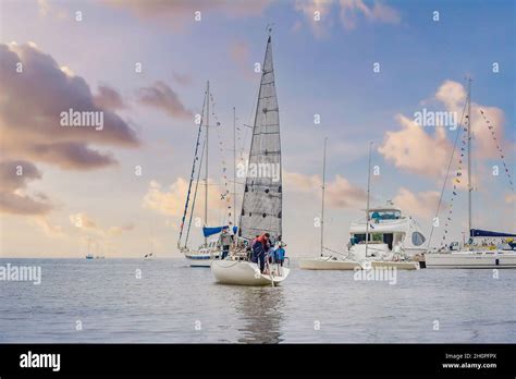 Yacht Sailing Against Sunset Holiday Lifestyle Landscape With Skyline