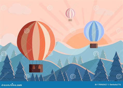 Hot Air Balloons Fly At Dawn In The Mountains Vector Illustration Of