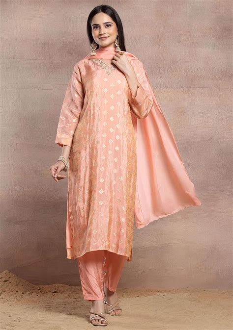 Buy Women Light Peach Floral Embellished Brocade Kurta Set With Pants