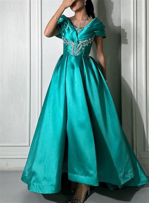 A Line Off The Shoulder Sleeveless Floor Length Satin Evening Dresses