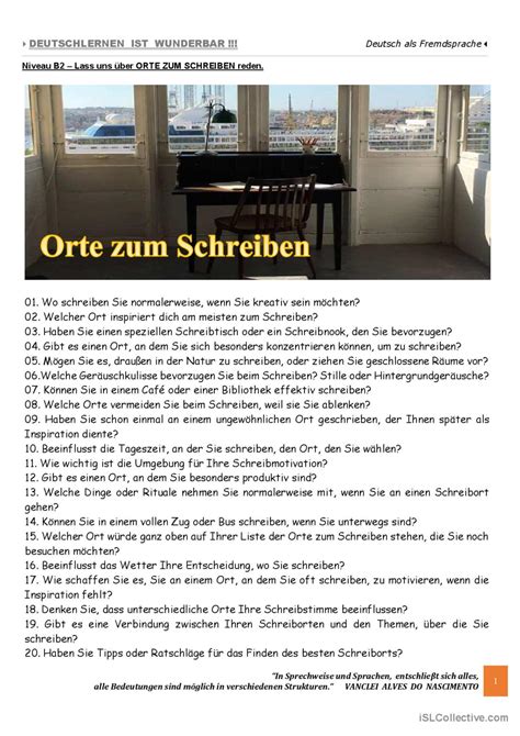 B2 Lass uns über ORTE ZUM SCHREIBE Deutsch DAF Arbeitsblätter pdf doc