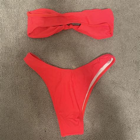Neon Pink Bikini Set With Bandeau Top And Bottoms Depop