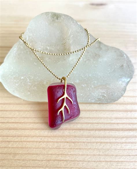 Red Sea Glass Necklace Red Art Sea Glass Pendant With Golden Silver