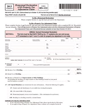 Fillable Online 2013 VERMONT 131221199 Homestead Declaration FORM AND