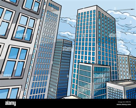 City skyscraper buildings background scene in a cartoon pop art comic ...