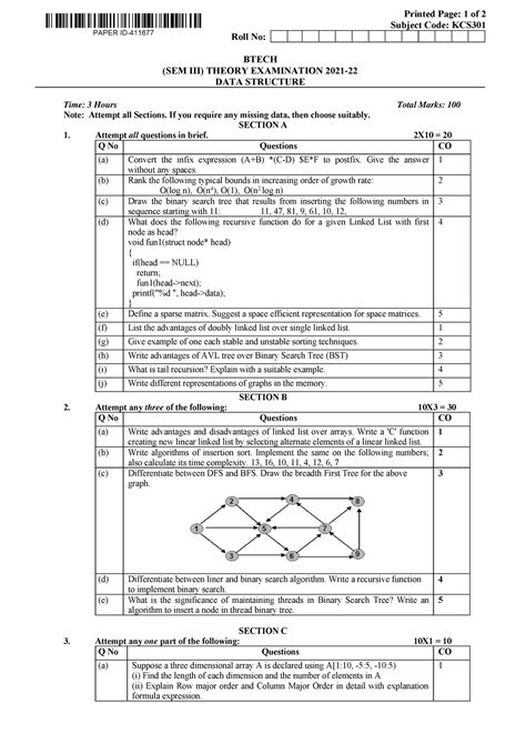 Btech Cs Sem Data Structure Kcs Printed Page Of