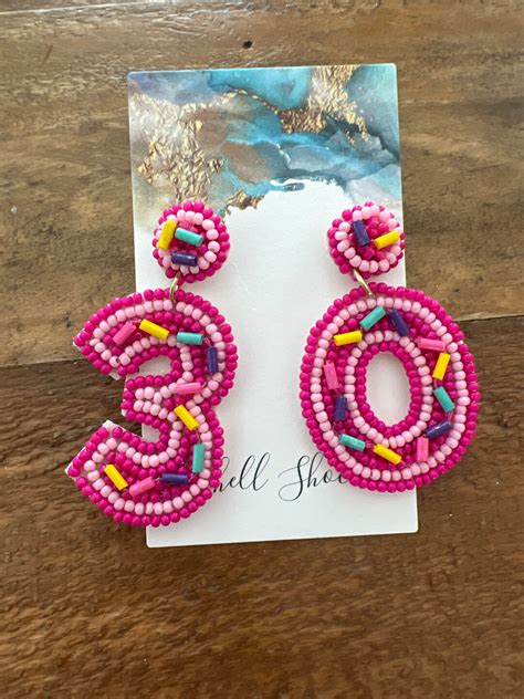 Happy 30th Birthday Cupcake Sprinkle Pink Seed Bead Dangle Earrings