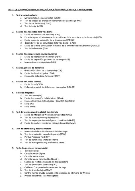 Tests Neuropsicología 20 21 Tests De EvaluaciÓn NeuropsicologÍca Por Ámbitos Cognitivos Y