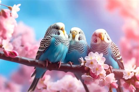 Three Lblue Budgerigars Sit On A Branch Of Sakura Blossoms Generative