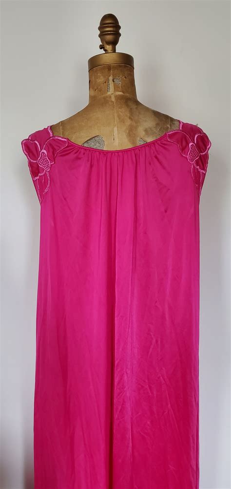 Vintage 1960s Nylon Nightgown 60s Shadowline Hot Pink Nightgown Vintage Nap Dress Floral