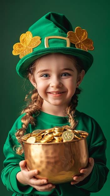 Dia De S O Patr Cio Leprechaun Menina Est Segurando Um Pote De Moedas