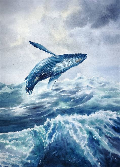 Blue Whale Painting By Olga Beliaeva Watercolour Saatchi Art